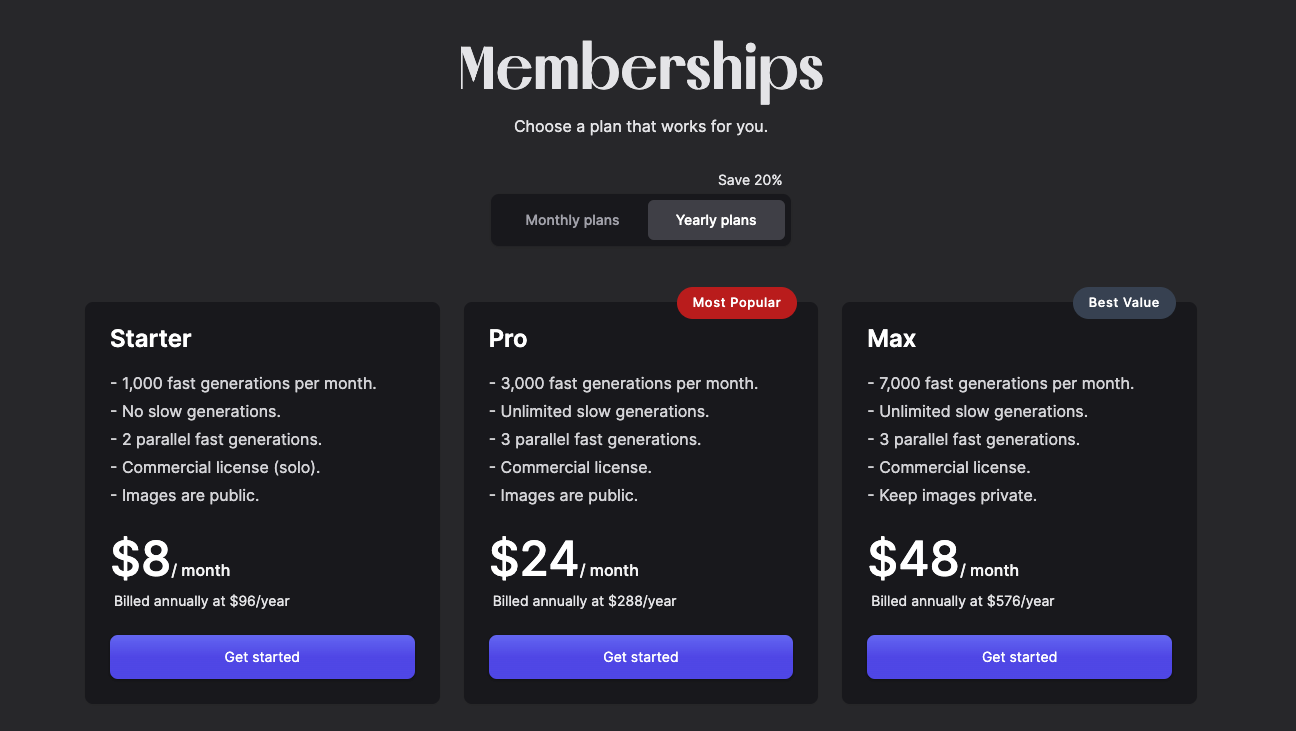 Lexica.art pricing table